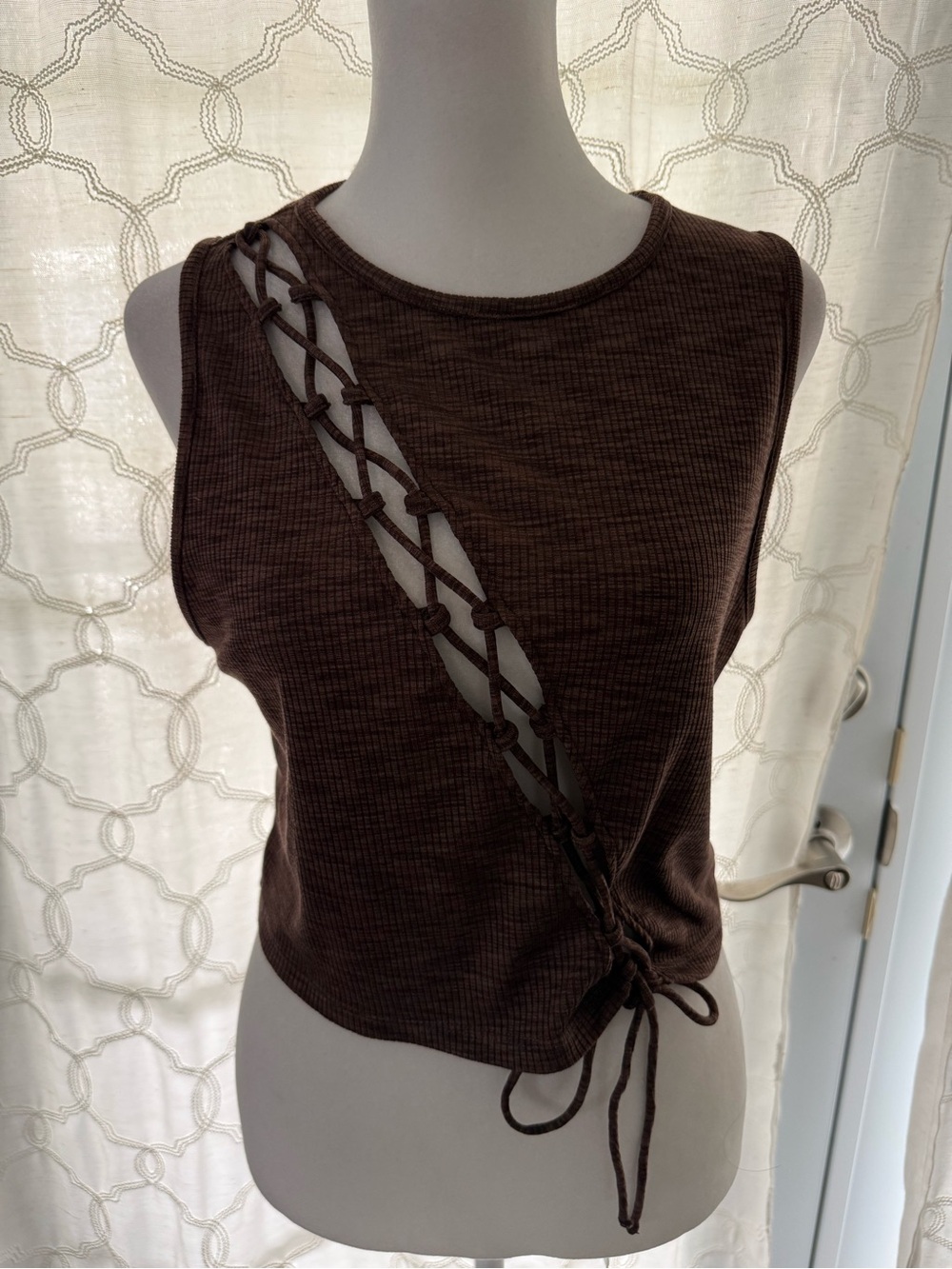 Brown ribbed lace-up cutout top